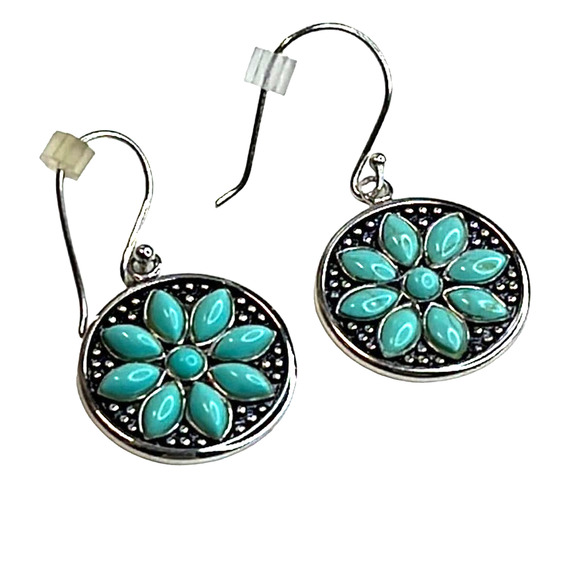 R. H. Macy Silver & Turquoise Flower Drop Earrings, NWT! - Picture 2 of 3
